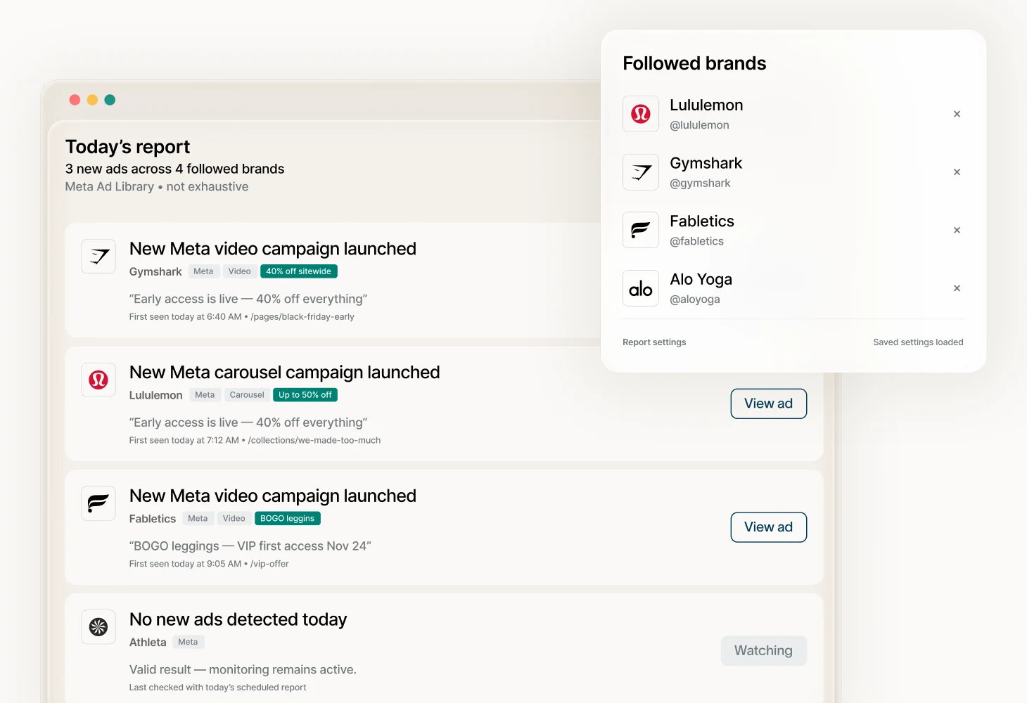 Today’s report of new Meta ads across followed competitor brands, with their offers and landing pages