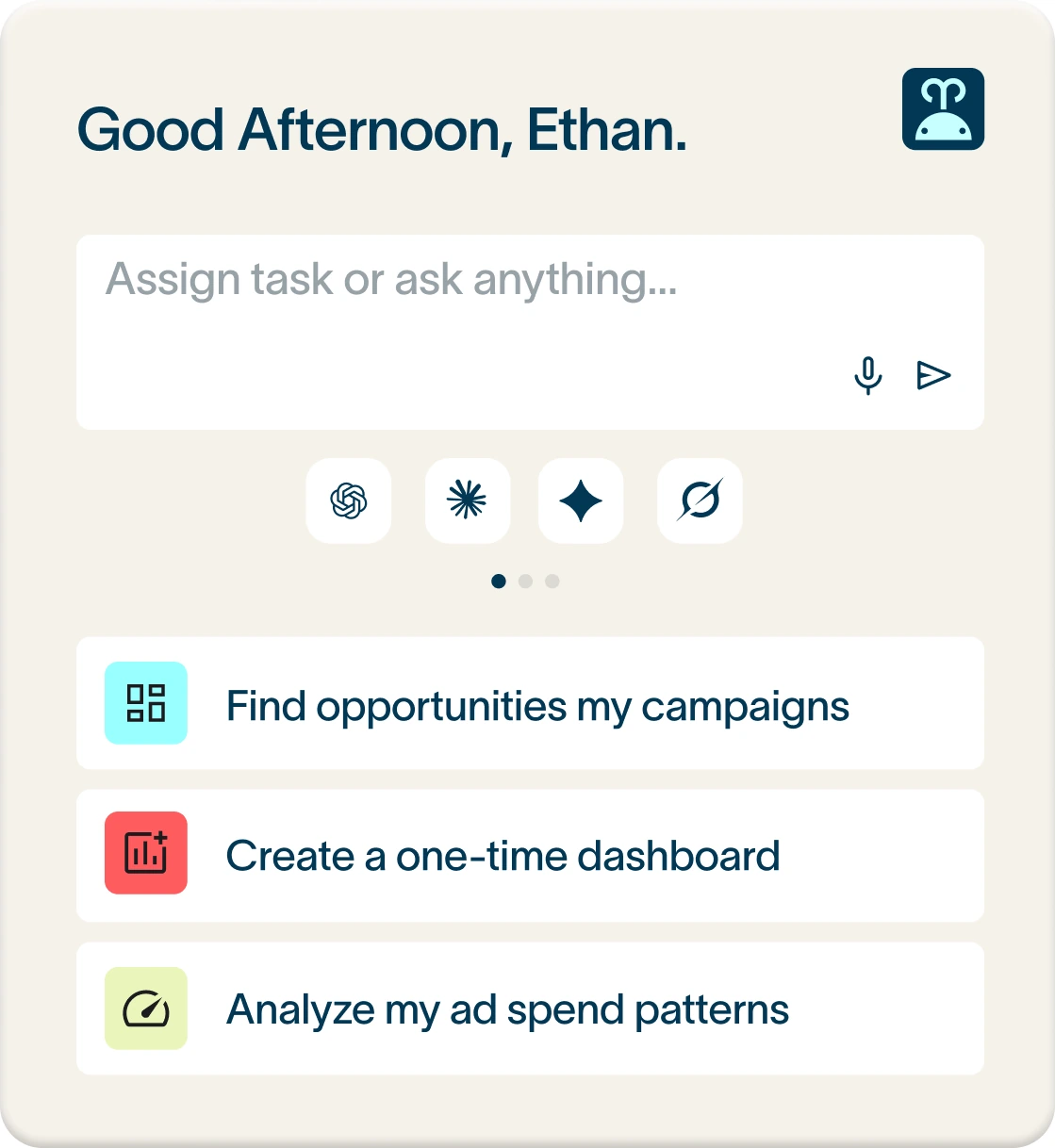 The Moby home screen greeting Ethan, with a prompt field and suggested tasks