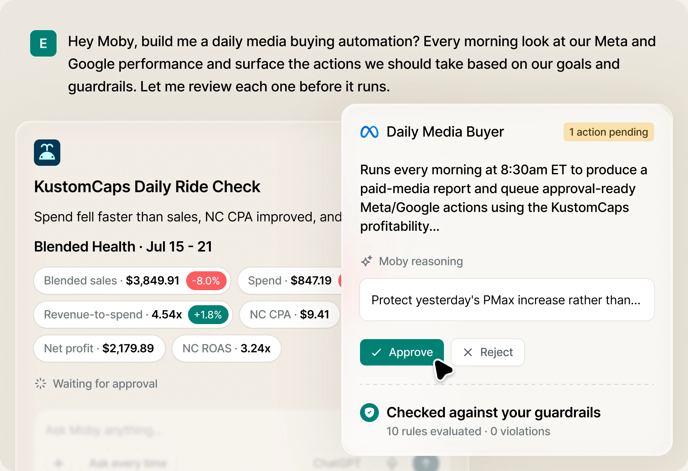 A daily media-buying automation reporting on blended sales, spend and NC CPA, with one proposed action waiting on approval and a guardrail check beside it