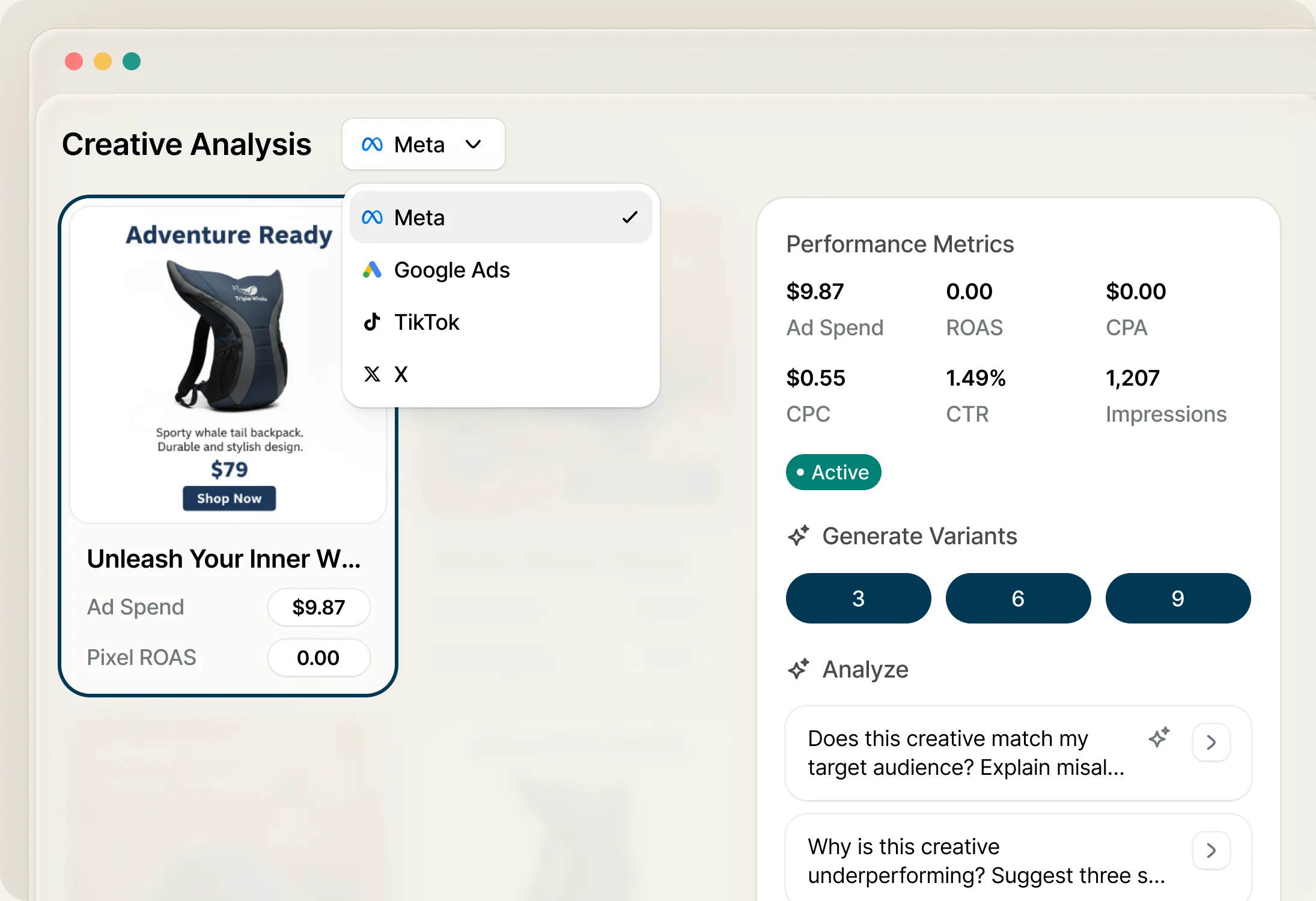 Creative Analysis on a backpack ad, the channel picker open on Meta, Google Ads, TikTok and X, beside its performance metrics and options to generate variants or analyze the creative