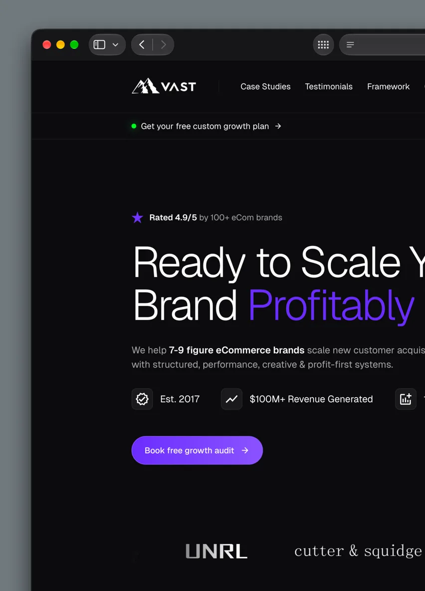 The VAST agency homepage in a browser window: “Ready to Scale Your Brand Profitably”