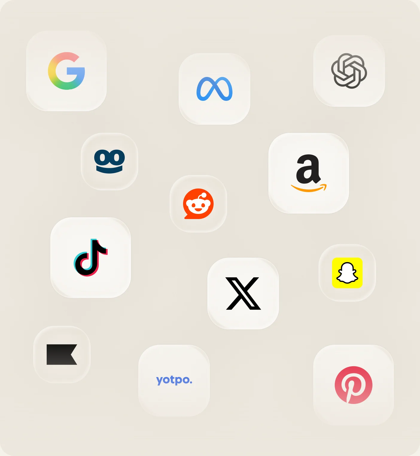 Logos of platforms that integrate with Triple Whale: Google, Meta, OpenAI, Amazon, Reddit, TikTok, X, Snapchat, Klaviyo, Yotpo and Pinterest