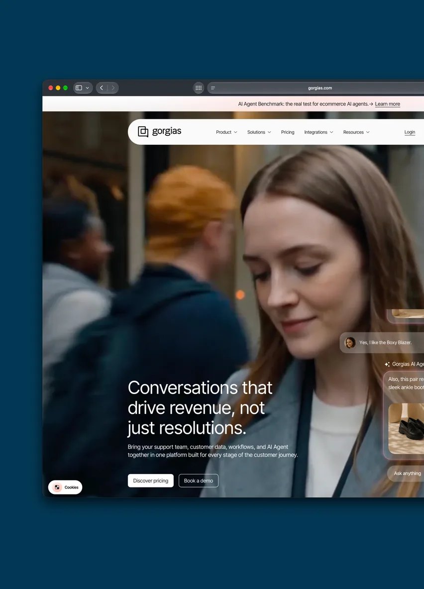 The Gorgias homepage in a browser window: “Conversations that drive revenue, not just resolutions.”